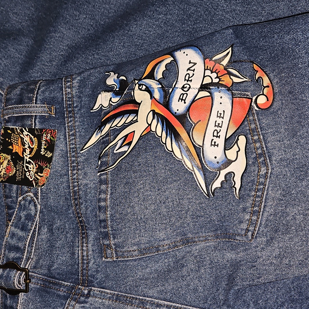 Ed Hardy Denim Jeans Loose Fit Wide Leg Born Free Women Size 30 NWT